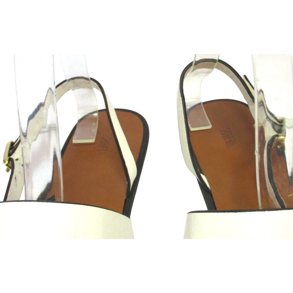 New ZARA Cream Leather Gold Buckle Strappy Flat Sandals Women Sz 8.5 - Picture 4 of 9